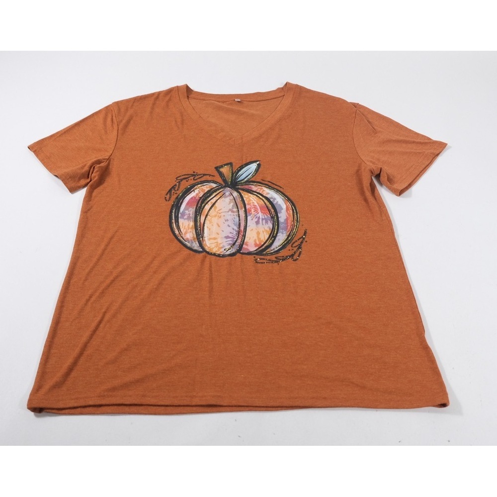 Unbranded T-Shirt Women L Orange Pumpkin Graphic Tee Fall Thanksgiving V-Neck